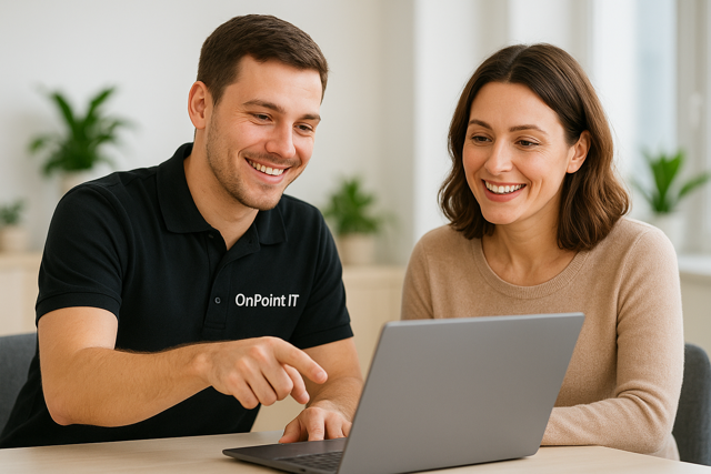 Friendly IT Technician helping a client