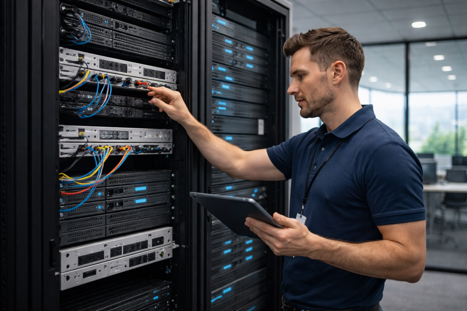 Technician installing network and security infrastructure